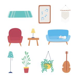 home furniture sofa chair lamp plant table frame decoration icons set vector illustration