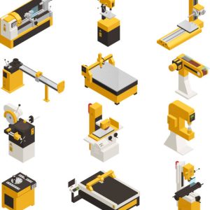 Industrial machinery icons set with technology symbols isometric isolated vector illustration